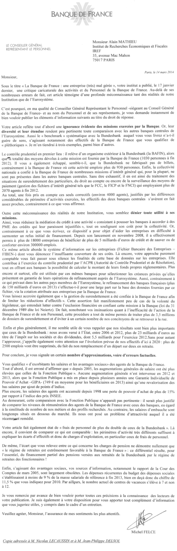 Lettre Banque de France - Michel FELCE